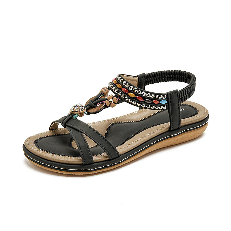 ielts run new summer 2025 spring and summer rhinestone casual seaside beach flat sandals women's comfortable all-matching 676- details Picture