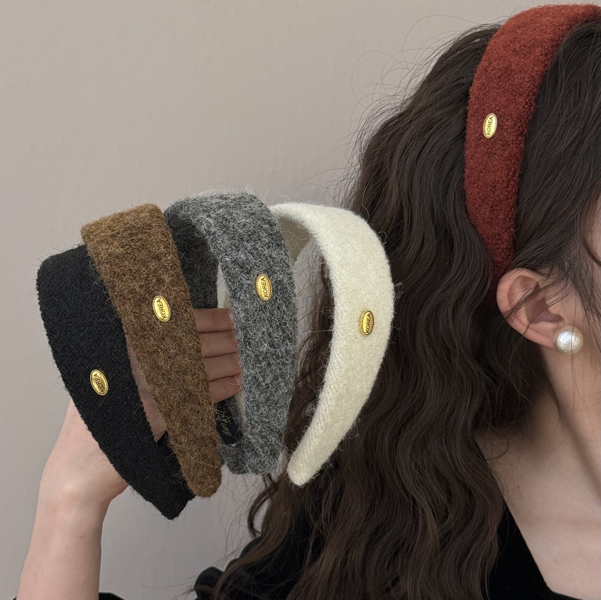 羊毛椭圆金标毛呢宽版发箍秋冬高颅顶碎发发卡外出高级感百搭头箍