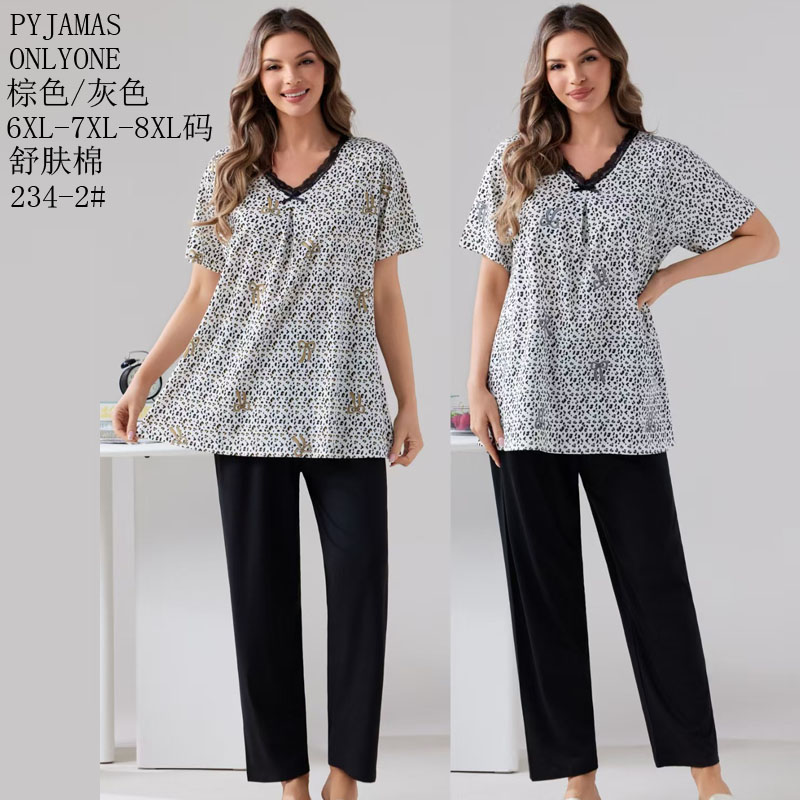 女士家居服睡衣外销仿棉舒适PYJAMAS加肥加胖女款短袖套装外贸家居服冬季新款睡衣销售中东批发详情2