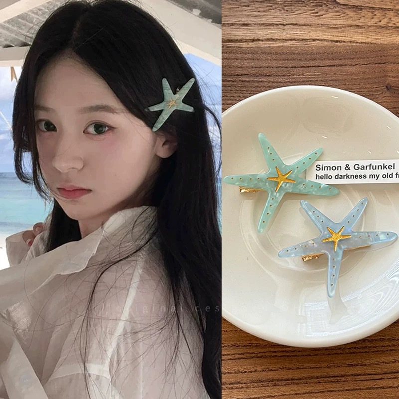 Summer beach ~ Blue starfish hair clips, women's seaside charm, side hair clips, bangs clips, forehead clips, headwear full figure