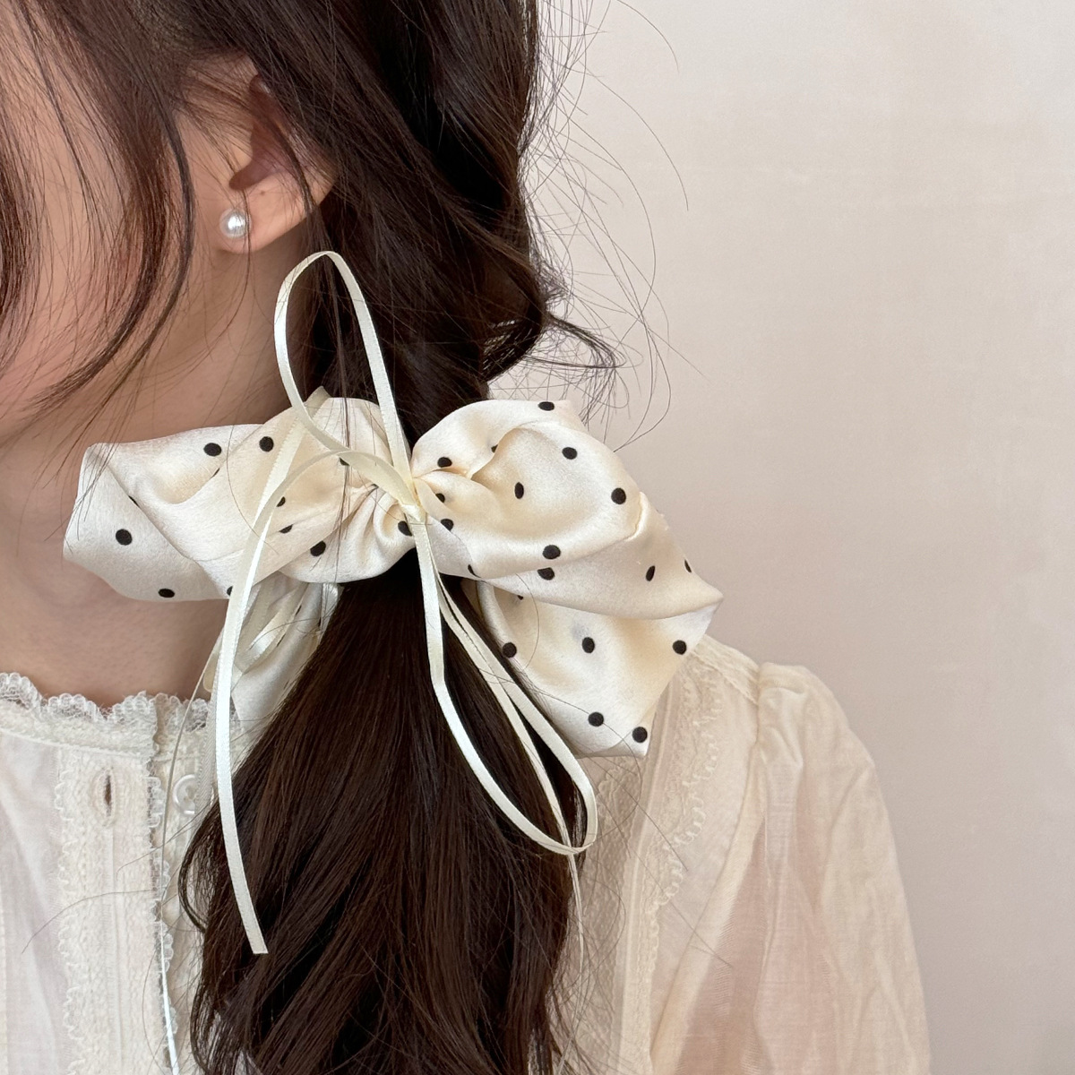 波点缎面大肠发圈长丝带飘带蝴蝶结发绳敲仙女芭蕾风头绳皮筋发饰