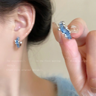Blue Hong Kong-style ear rings and stud earrings for women 2024 new bestsellers, sweet and retro earrings, high-end Hong Kong-style earrings wholesale thumbnail