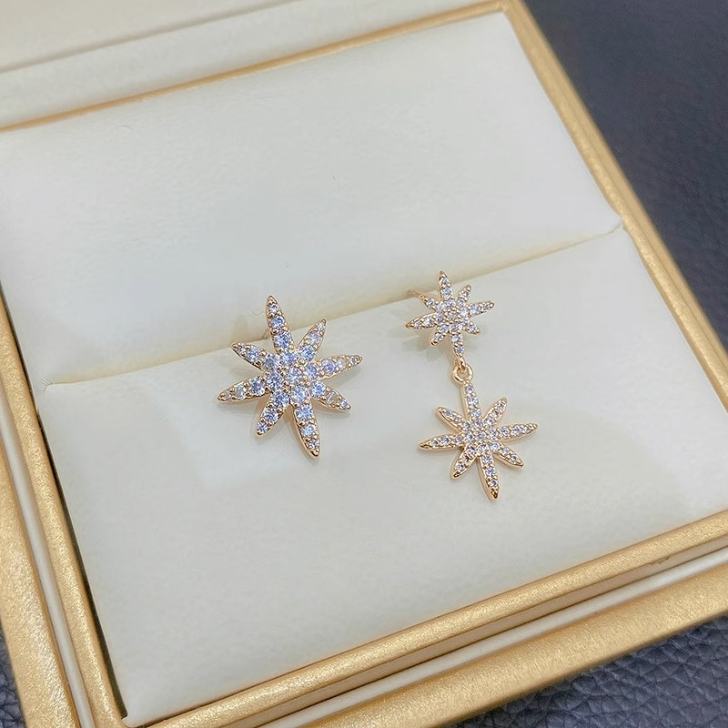 Xuhui brand exquisite and light luxury copper plated with real gold and zircon inlaid 925 silver needle star AB style luxurious design fashionable stud earrings Specification drawing