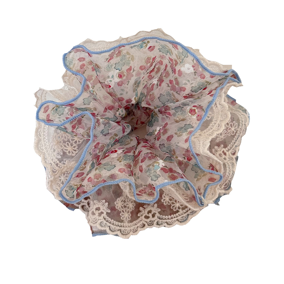 French lace fluffy waist, pink and blue floral sheer fabric, hair tie, hair band, hair band, bun hair accessory Item Picture