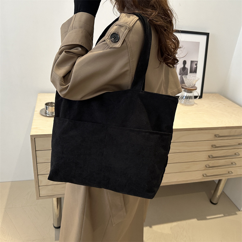 Japanese-style corduroy canvas bag, INS student single-shoulder cloth bag, solid-color tote bag, large-capacity class bag for girls details Picture