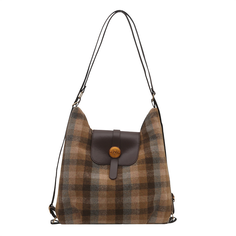 Woolen checkered backpack for women's spring 2025 New style, trendy school-style tote bag, casual large-capacity crossbody bag Item Picture