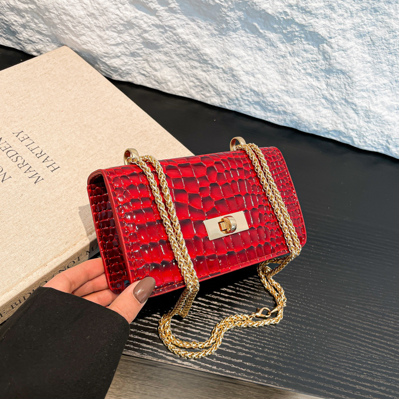 Sweet and cool girl crocodile pattern patent leather bag, high-end texture hand-held small square bag, 2025 new style chain crossbody bag for women full figure