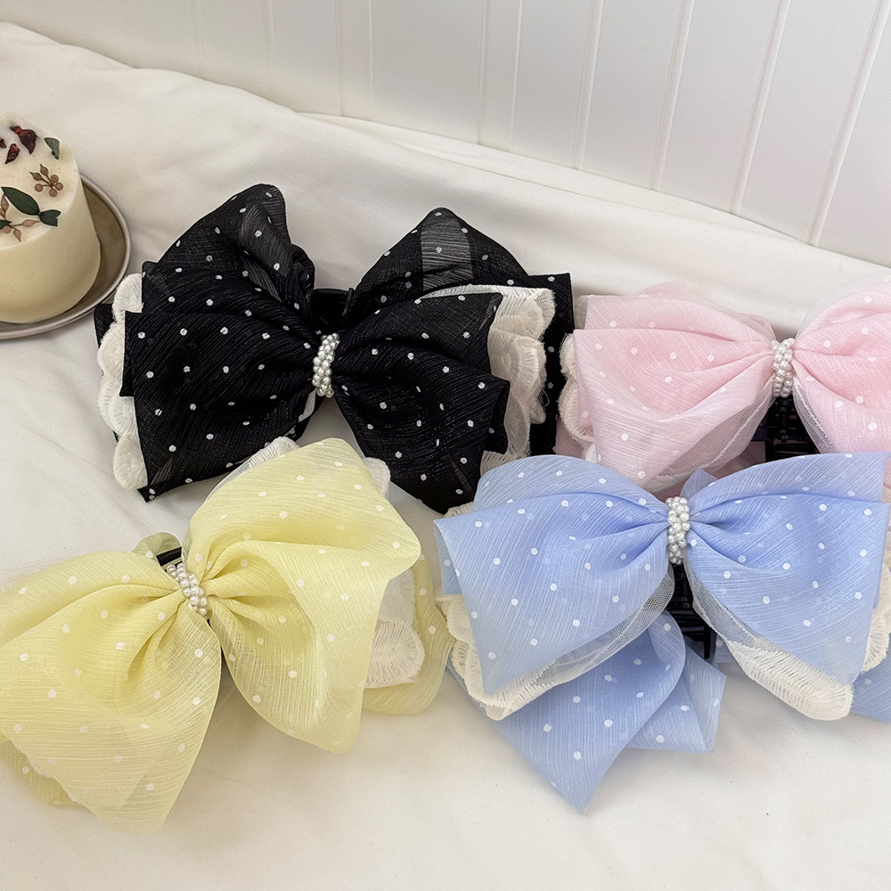 Bowknot starry Sky mesh claw clip women's high-end pearl hair clip at the back of the head 2025 new style ponytail clip hair accessory details Picture