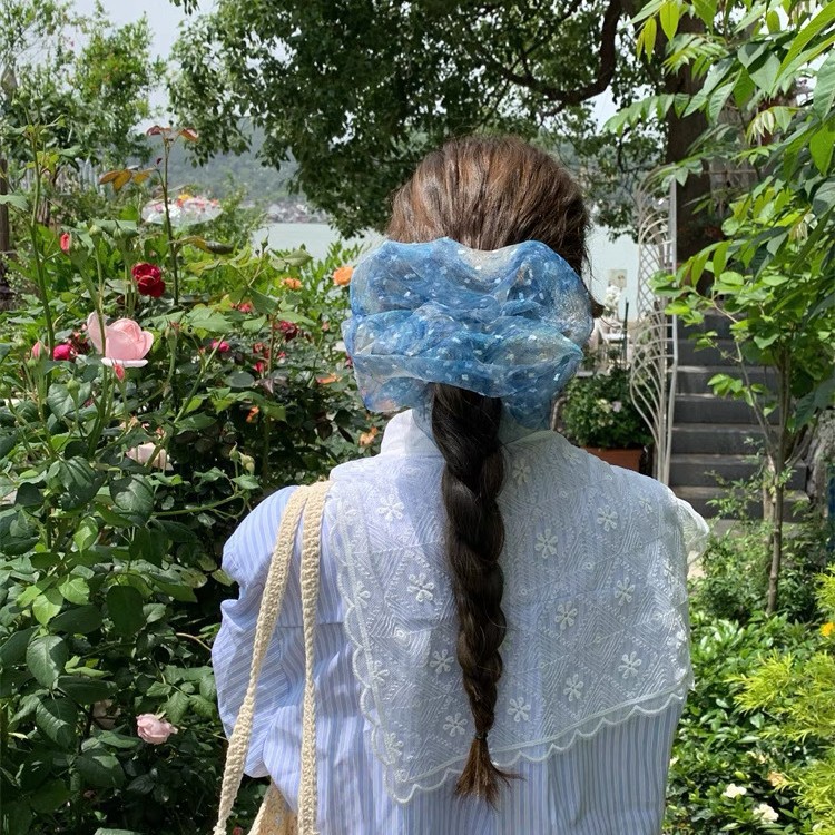 Korean blue lace starry sky large intestine hair band 2025 new style hair accessory, super ethereal ponytail, niche and elegant hair tie for women Specification drawing
