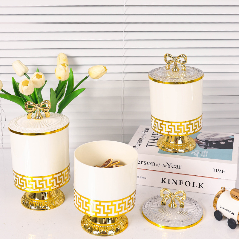 X10-6897-2A Cross-border merchant white European retro high-footed gilded candy jar, seasoning jar, nut jar, light luxury European jar, storage jar details Picture