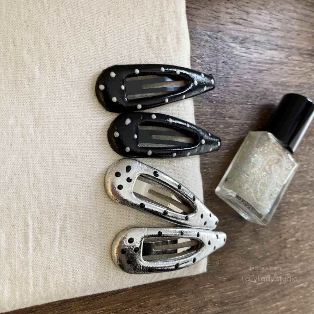 Korean style, sweet and cool, silver leather polka dot bb clip clip, simple and elegant bangs clip, new hairpin and hair accessory details Picture
