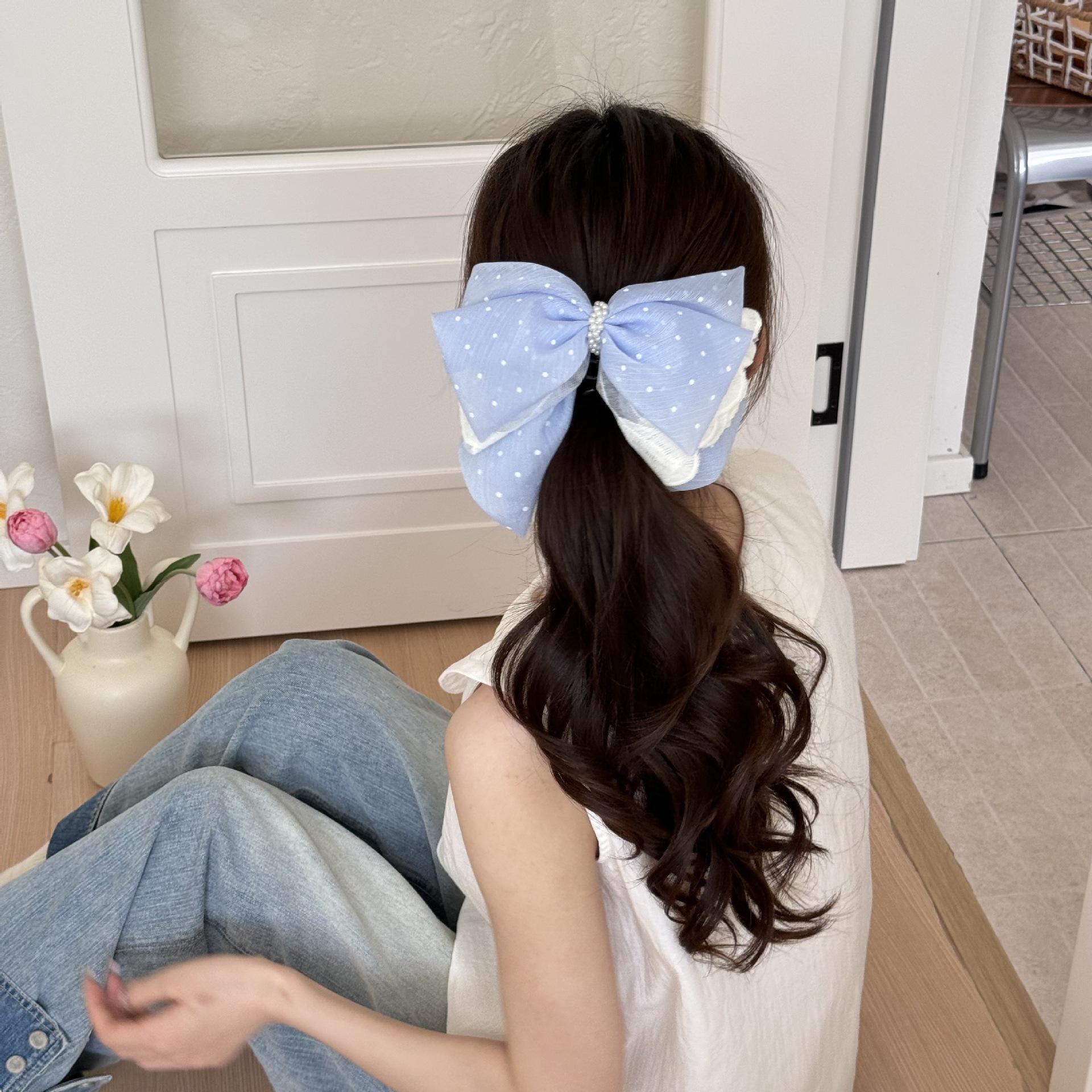Bowknot starry Sky mesh claw clip women's high-end pearl hair clip at the back of the head 2025 new style ponytail clip hair accessory Specification drawing