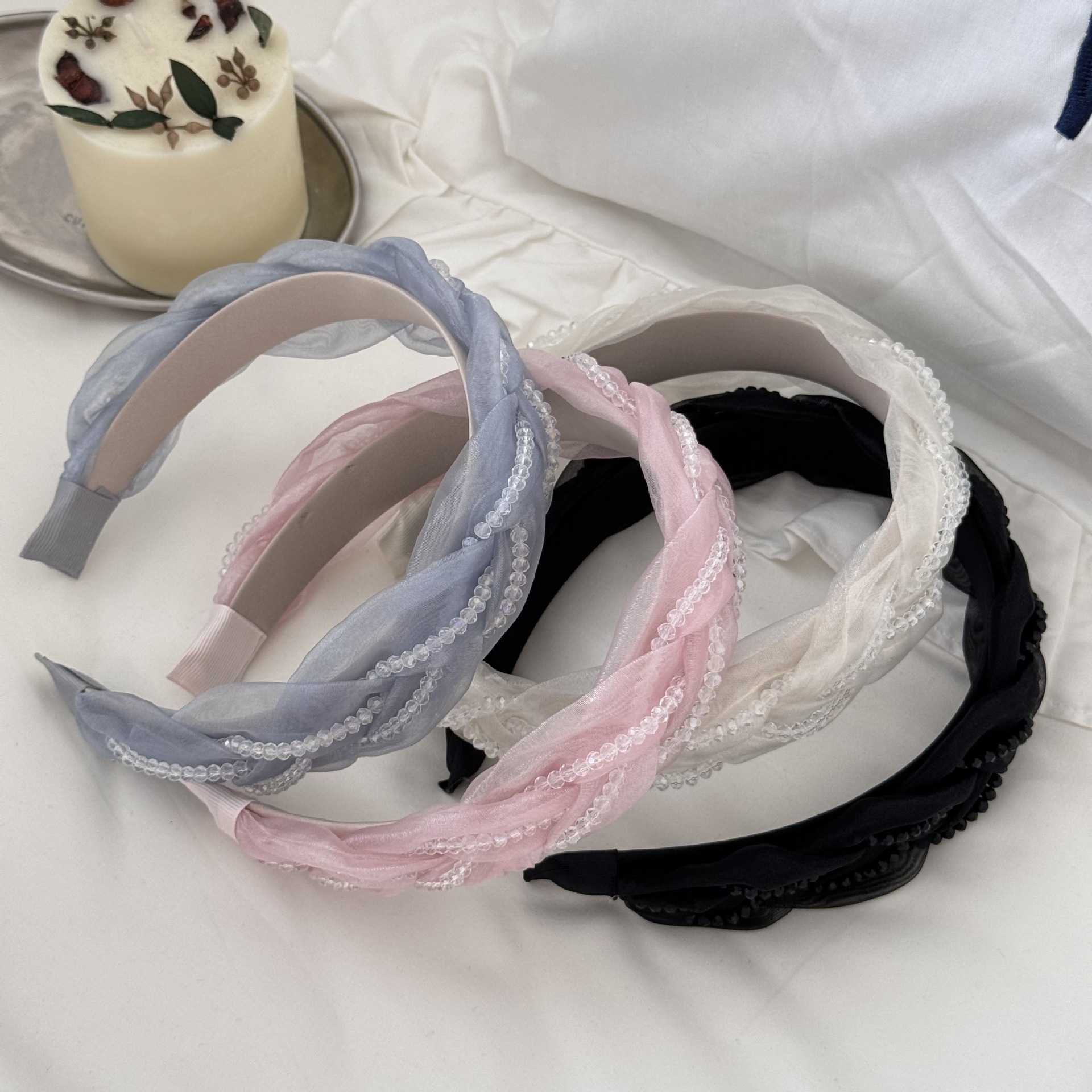 Summer's new shiny crystal blue organza braided heavy headband, retro and elegant wide headband full figure
