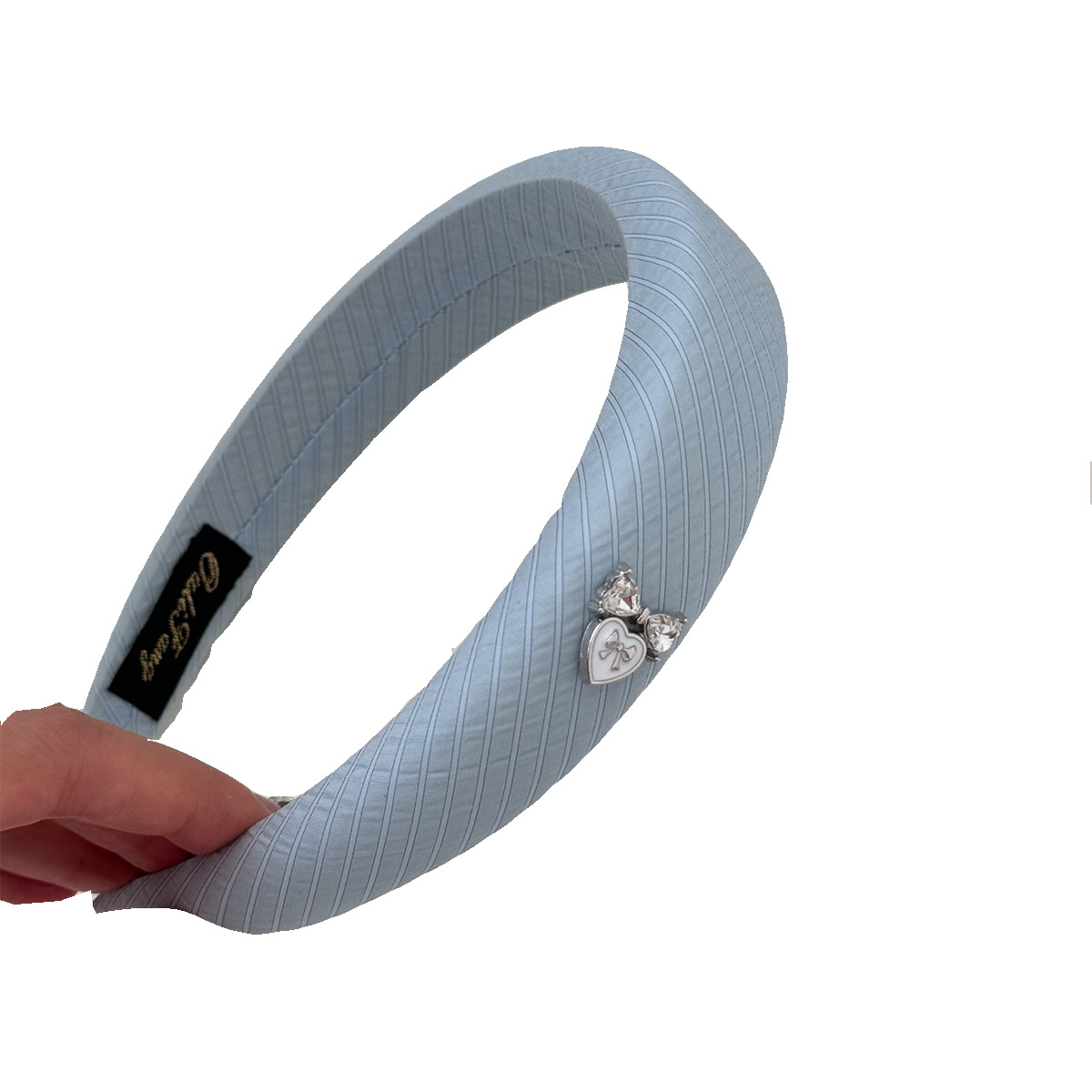 Ocean color series ~ Summer energetic girl vacation style striped solid color sponge hairband, heart-shaped water diamond design headband Item Picture