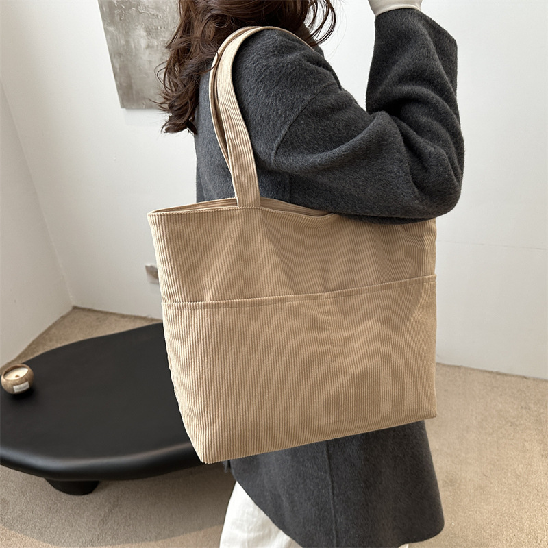 Japanese-style corduroy canvas bag, INS student single-shoulder cloth bag, solid-color tote bag, large-capacity class bag for girls Specification drawing