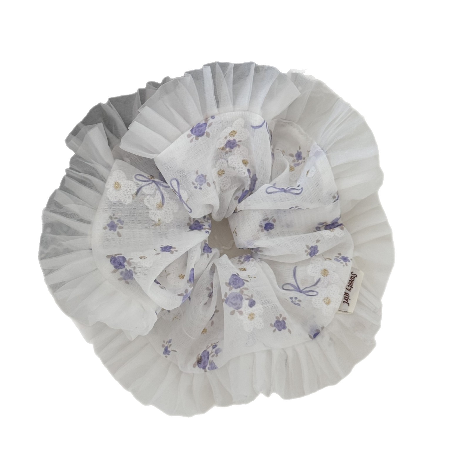 Sweet blue floral lace trim, large large intestine hair band, elegant mesh, sweet bun hairstyle, ballet-style hair accessory Item Picture