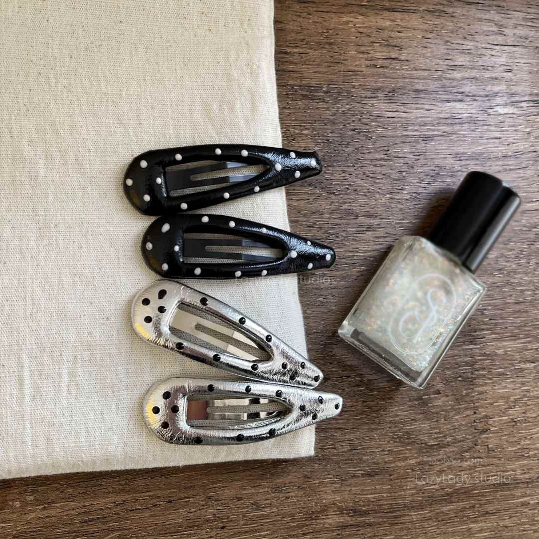 Korean style, sweet and cool, silver leather polka dot bb clip clip, simple and elegant bangs clip, new hairpin and hair accessory full figure