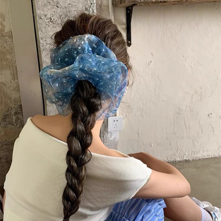 Korean blue lace starry sky large intestine hair band 2025 new style hair accessory, super ethereal ponytail, niche and elegant hair tie for women full figure
