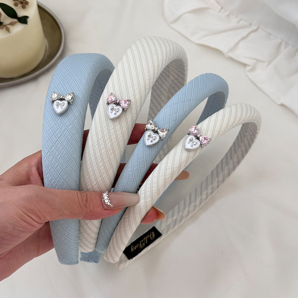 Ocean color series ~ Summer energetic girl vacation style striped solid color sponge hairband, heart-shaped water diamond design headband full figure