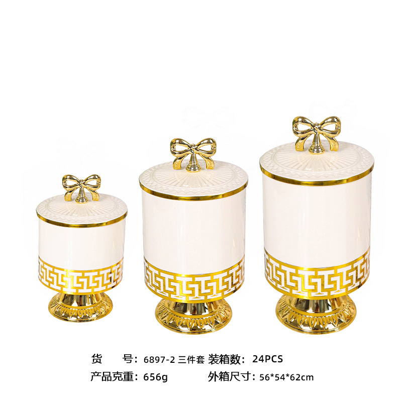 X10-6897-2A Cross-border merchant white European retro high-footed gilded candy jar, seasoning jar, nut jar, light luxury European jar, storage jar Item Picture