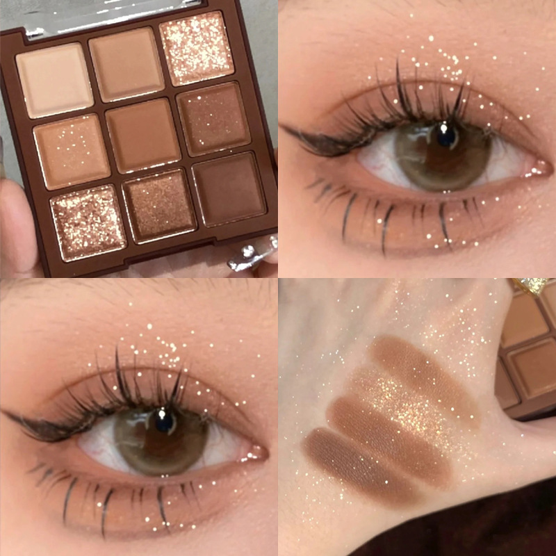 Chocolate nine-grid eyeshadow palette, glitter powder, pearlescent, matte, glossy, ground color, pure and nude makeup, affordable student nine-color eyeshadow details Picture
