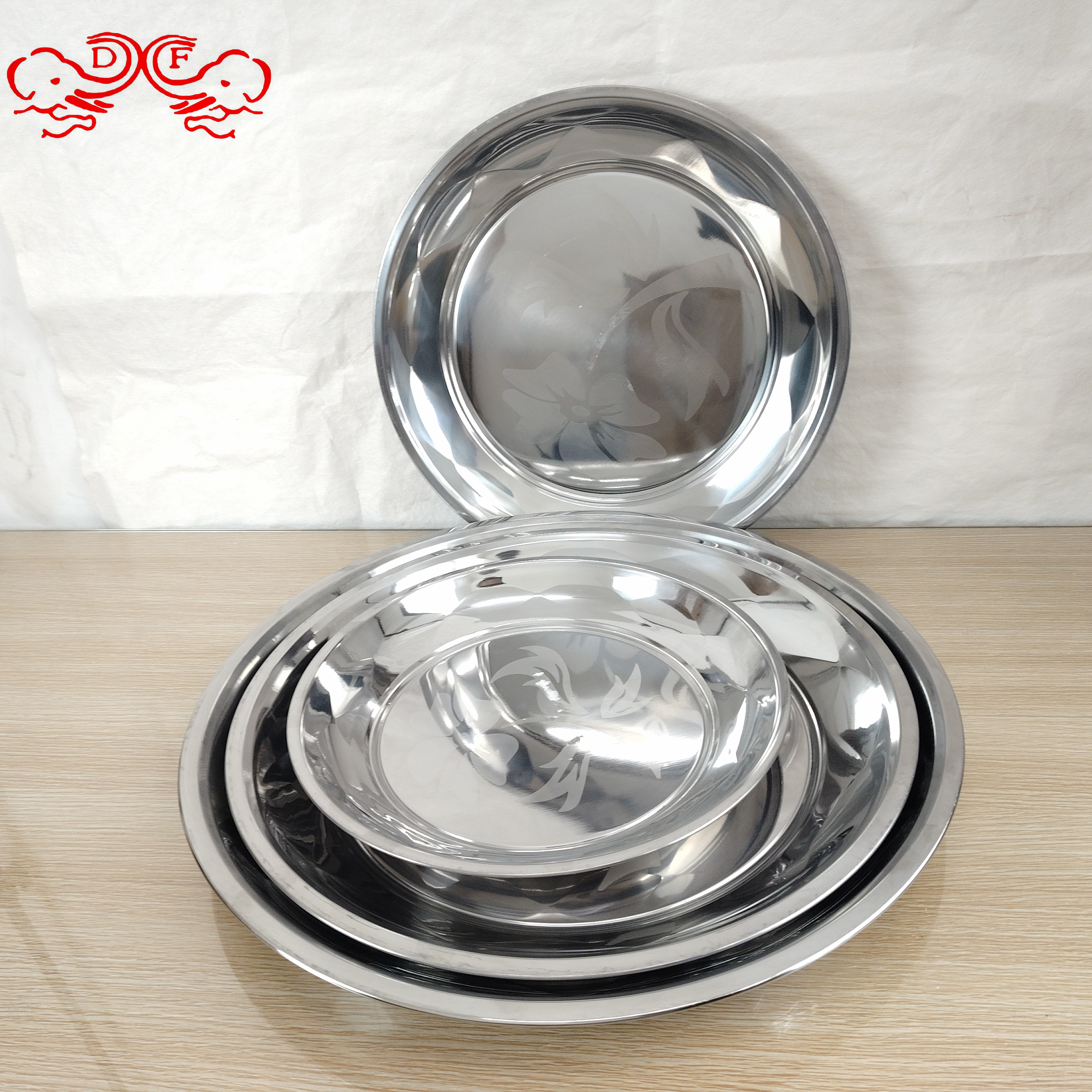 DF99059 stainless steel round plate thickened shallow plate vegetable plate household vegetable plate flat base cold noodle plate Fish plate rice plate DF TRADINGHOUSE