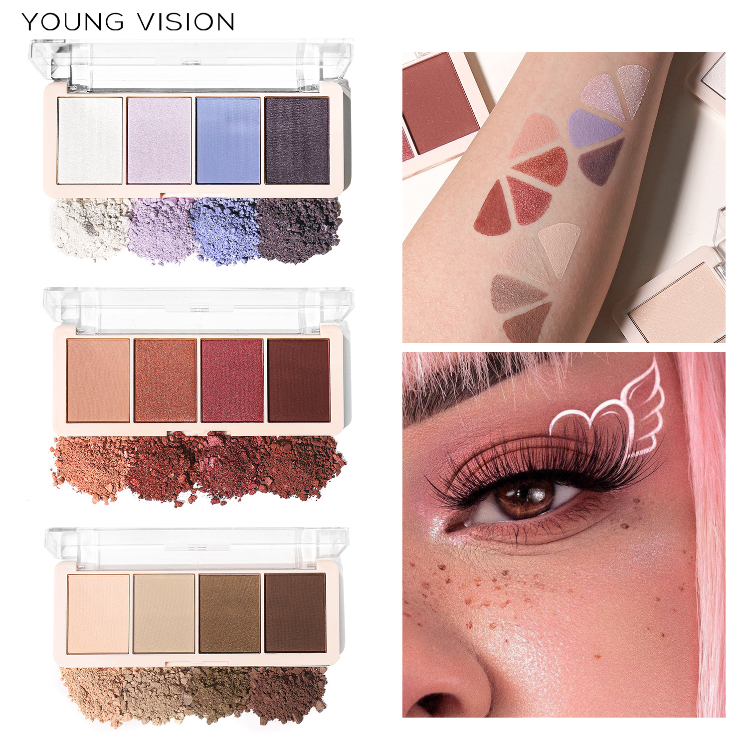 YOUNG VISION Four-color Eyeshadow Set: A daily light makeup eyeshadow palette with multiple pearlescent, matte and glossy tones full figure