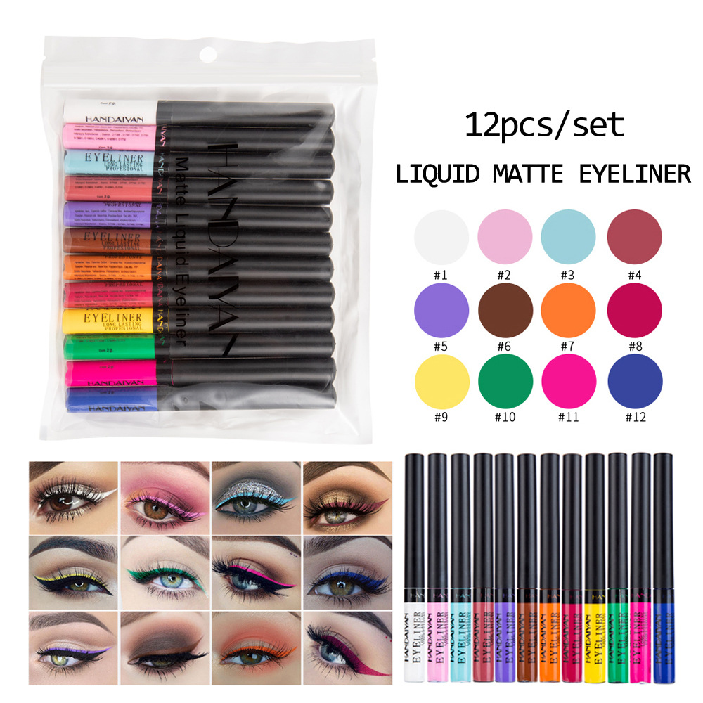 Cross-border Color eyeliner 12-piece set handaiyan matte Liquid Eyeliner Waterproof and sweat-proof Liquid Eyeliner Pen Specification drawing