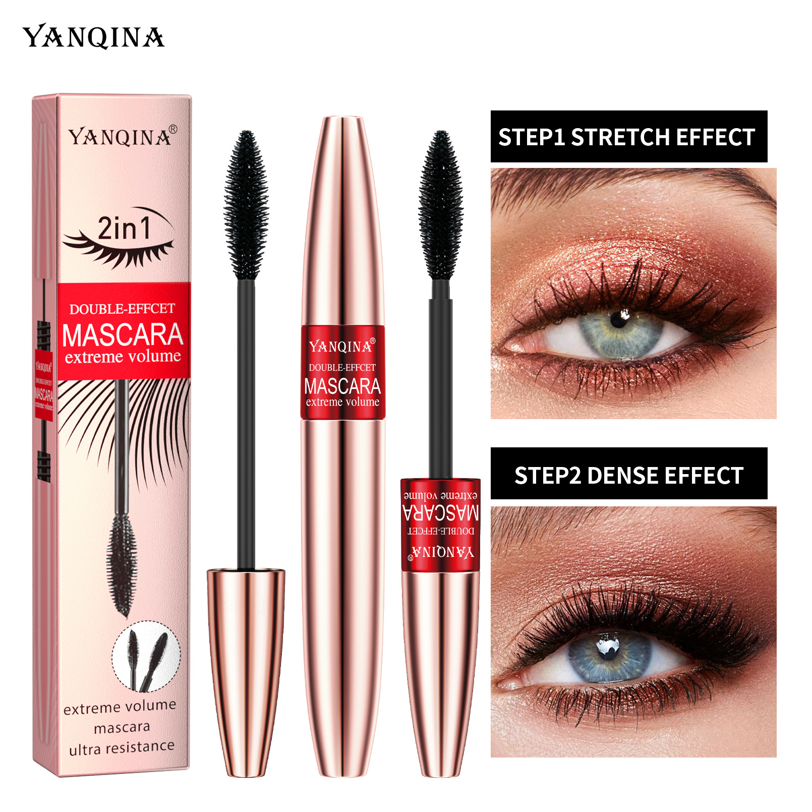 YANQINA's Long and Thick Dual-effect Mascara is waterproof and non-smudge, naturally curling double-head mascara full figure
