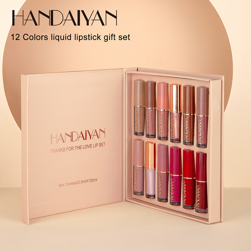 Cross-border Lip gloss, 12-color HANDAIYAN, waterproof, non-stick, matte, in stock for wholesale Specification drawing