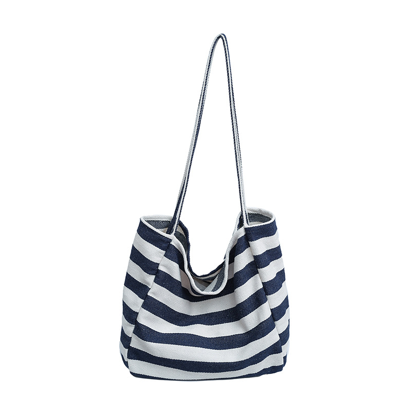 Laid-back striped canvas bag, Korean ins artistic color-blocking tote bag, large-capacity single-shoulder bag, shopping bag, large bag Item Picture