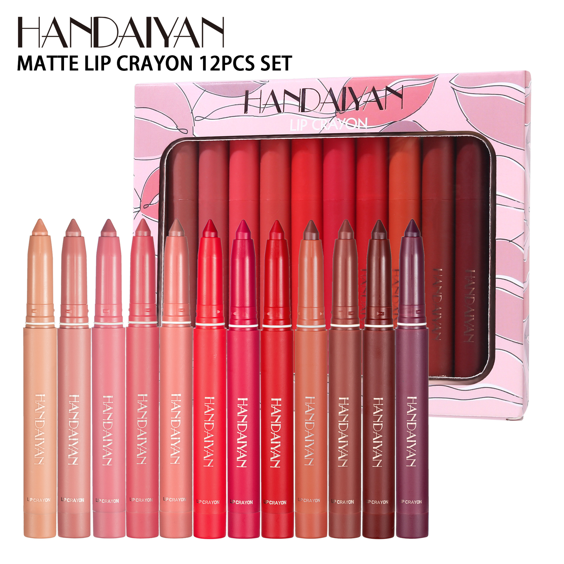 Cross-border 12-color Lip liner pen set, long-lasting non-stick Cup HANDAIYAN, Rotatable and sharpenable dual-purpose lip liner pen set full figure