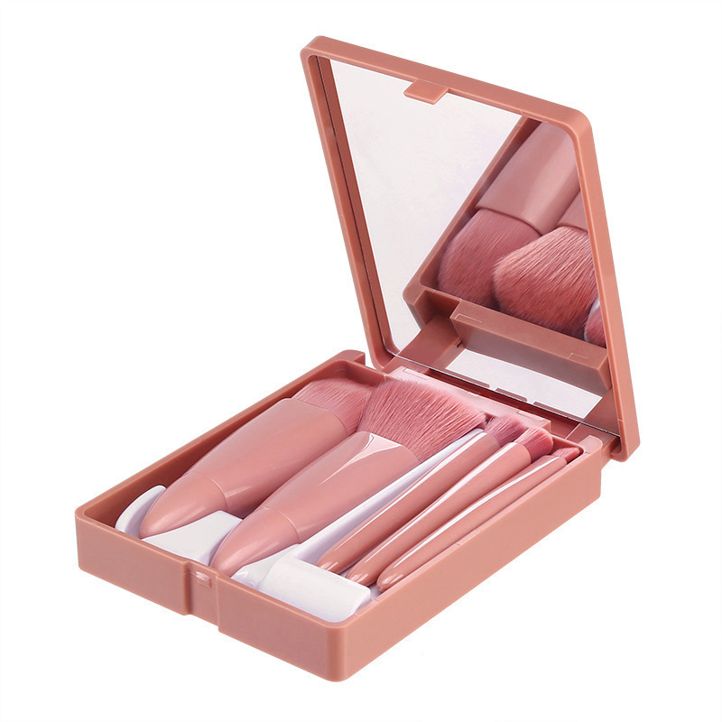 Portable 5-piece makeup brush set with mirror, mini multi-functional powder brush, foundation brush, eyeshadow brush, and smudging brush muf Item Picture