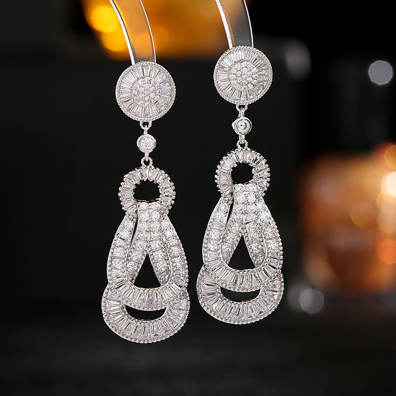 s925 Silver Needle Zircon inlaid Design sense knot Earrings Light Luxury long style wedding Banquet high-end earrings wholesale details Picture