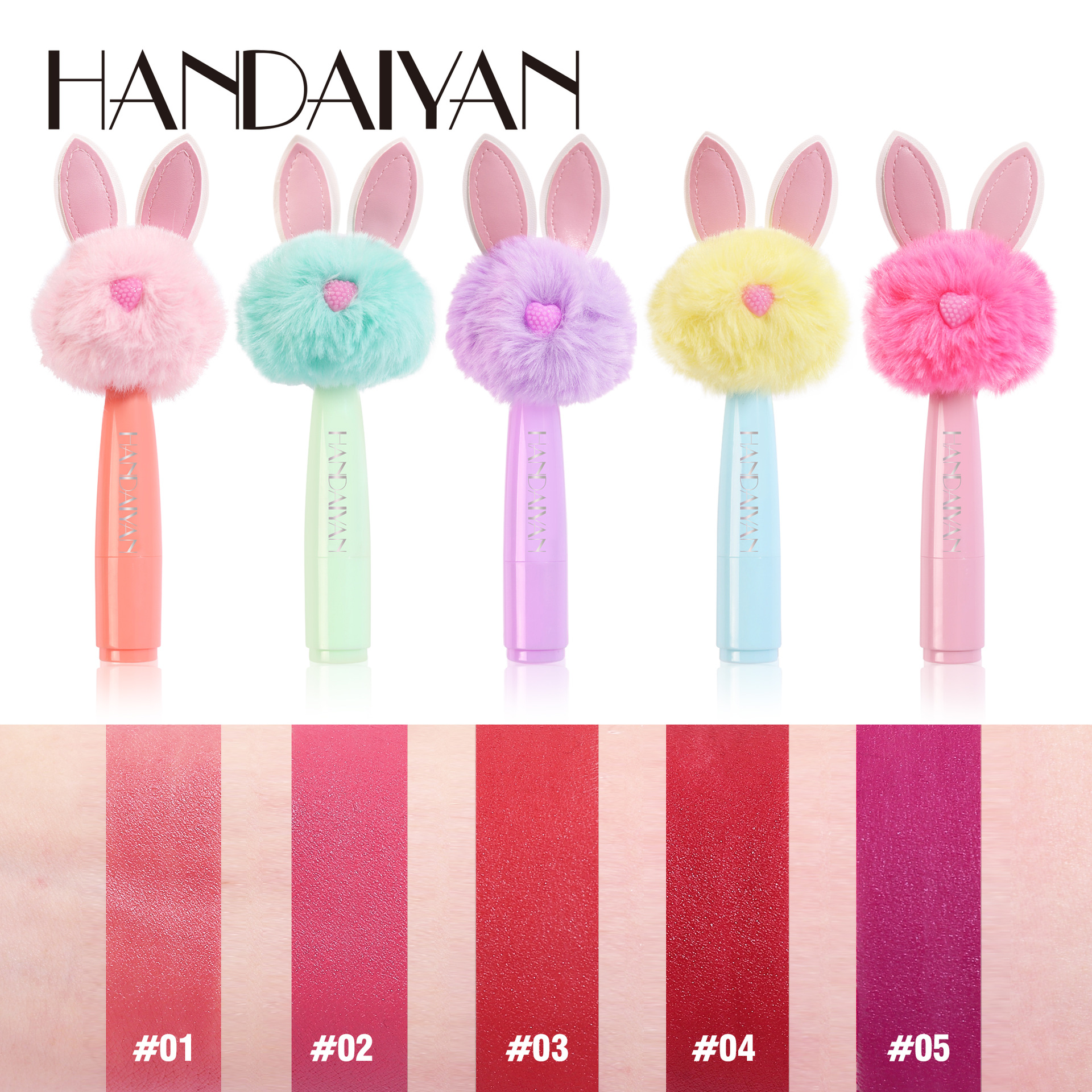 handaiyan Han Daiyan 5-color "Mi You" Rabbit Plush Head Velvet Matte Lipstick Lipstick Cross-border wholesale Specification drawing