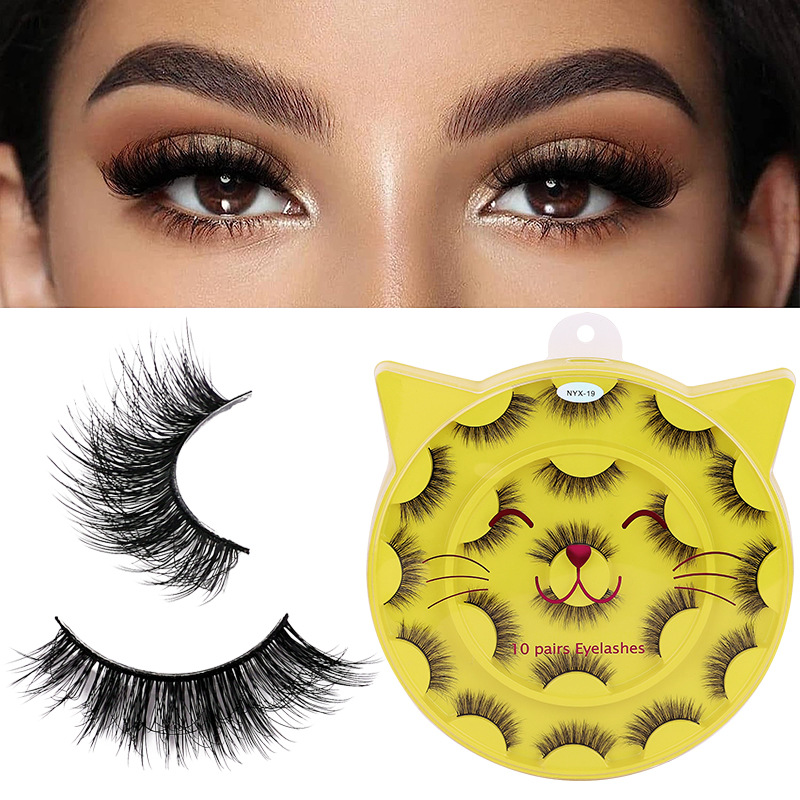 Cross-border new hanging style cute cat false eyelash one-piece ten-pair set, European and American 3D thick chemical fiber eyelash manufacturer full figure