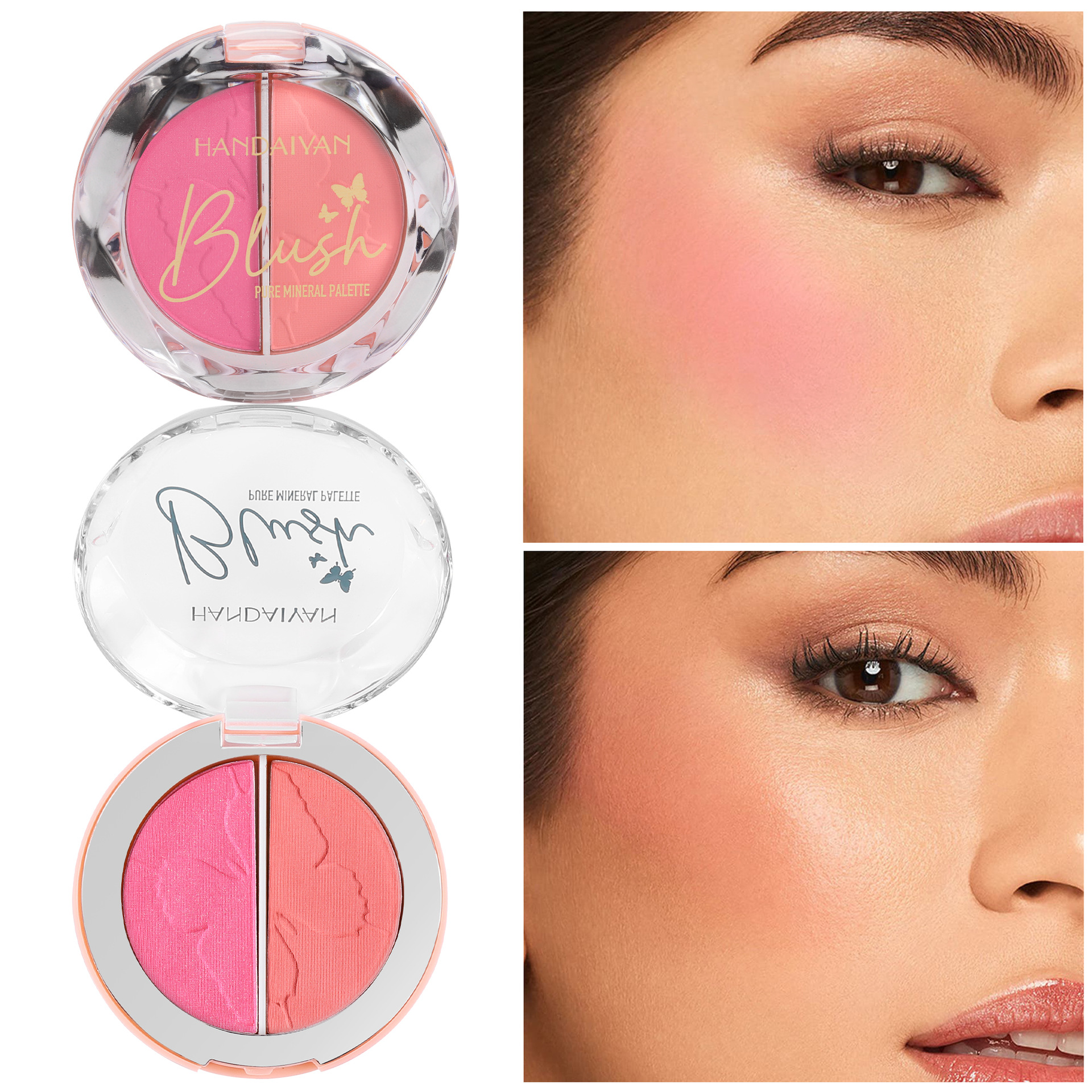 handaiyan Cross-border Two-Color Blush Palette High-gloss Brightening and Contouring Multi-Purpose Palette Pearlescent Matte Blush Cream Blush full figure
