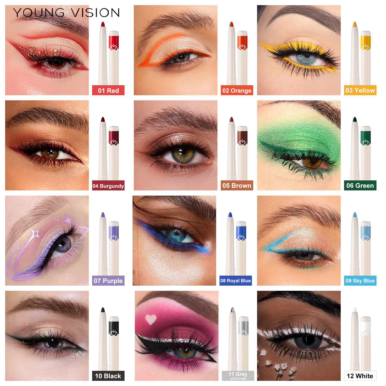 YOUNG VISION 12-color pearlescent matte eyeliner gel pen that doesn't smudge easily, rotatable eyeliner eye shadow Specification drawing
