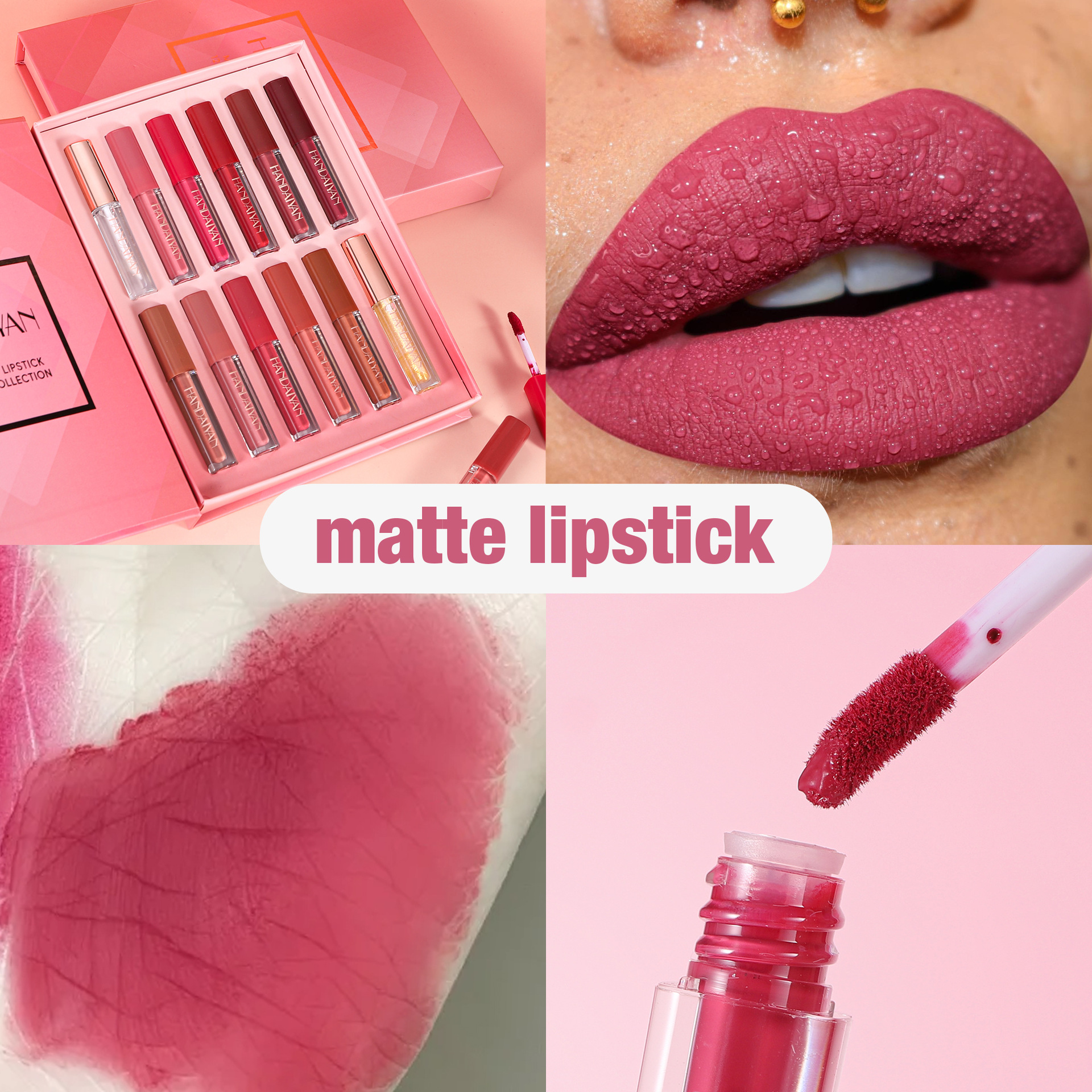 Cross-border Lip Gloss 12-color matte waterproof non-stick Cup Lip gloss HANDAIYAN Small square Tube Gold Sparkling Lip gloss details Picture