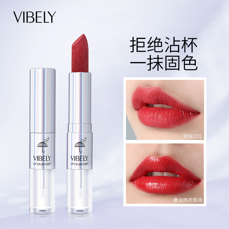 VIBELY Dual-head Lipstick Raincoat Non-stick Cup Long-lasting matte Bright Red 999 Lipstick Two-in-one Lip Gloss full figure