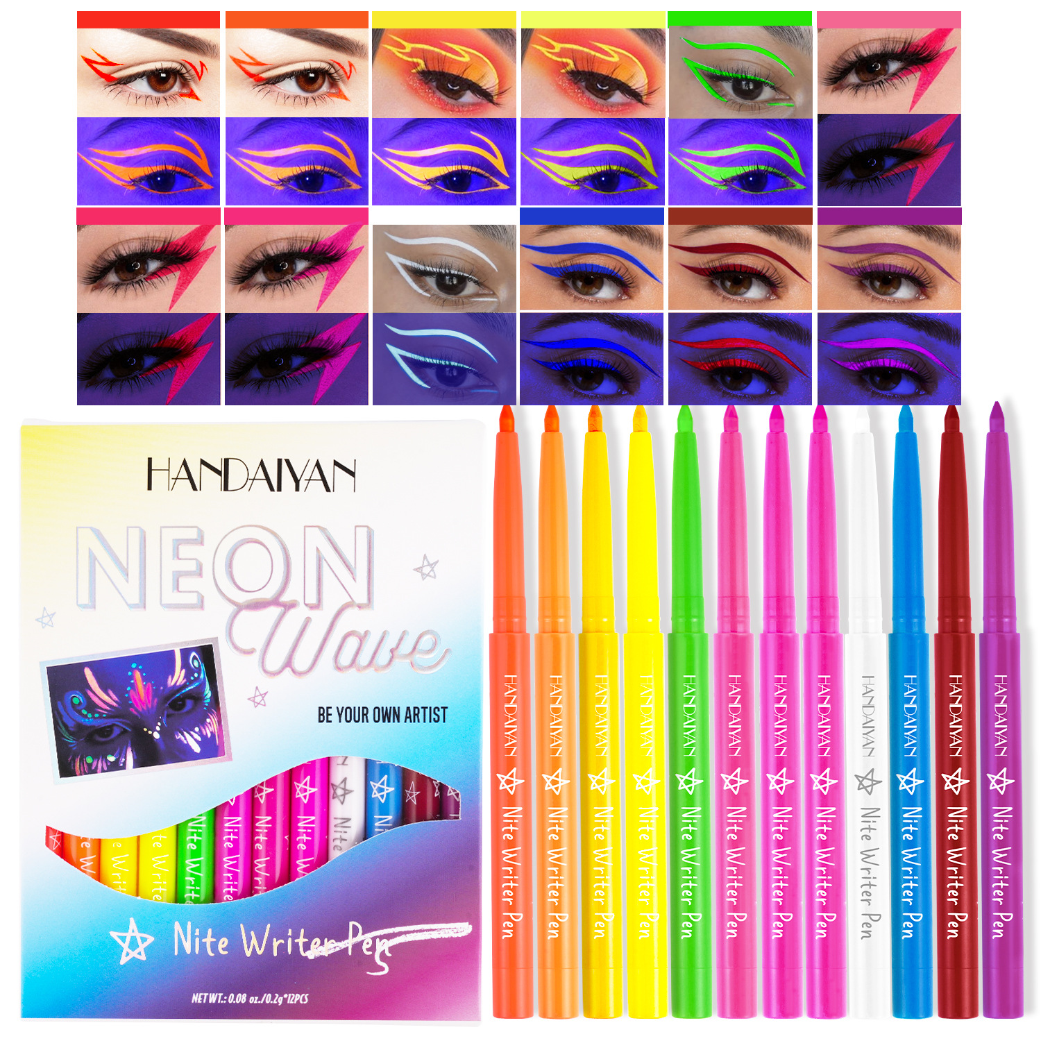 New cross-border fluorescent eyeliner pen set by UV Han Daiyan handaiyan Waterproof Eyeshadow colored eyeliner Gel Pen Specification drawing