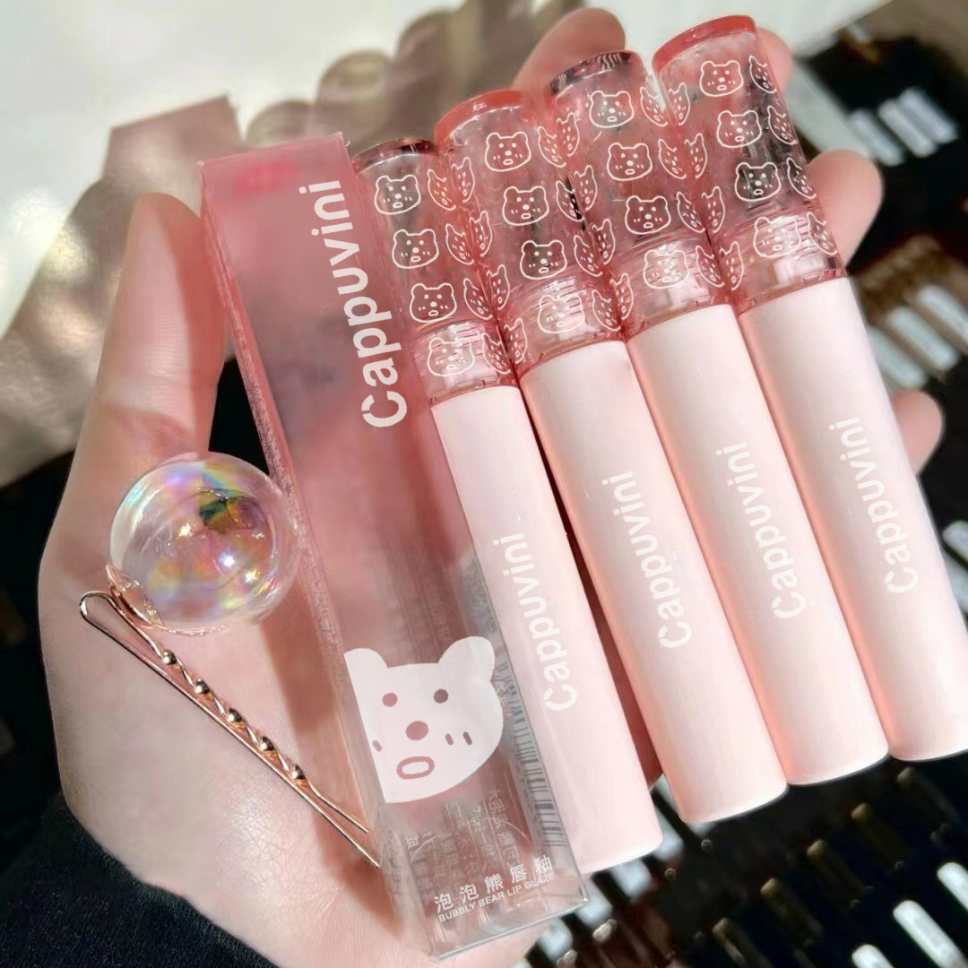 Capo Vini Bubble Bear Lip Gloss Mirror Water Light Glass Pouty Lip Lipstick for Women, affordable student milk tea color Lip gloss details Picture