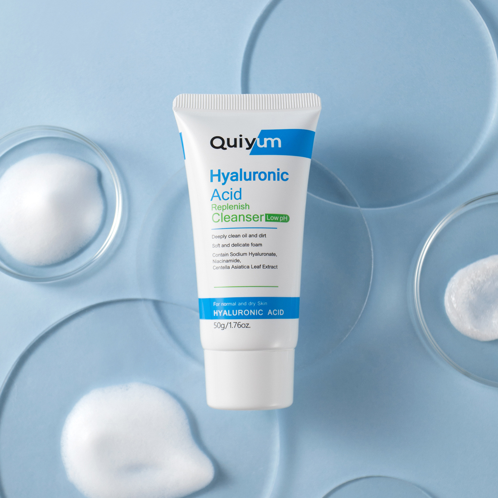 Cross-border QUIYUM Hyaluronic acid Facial Cleanser 50g Hydrating and moisturizing facial Cleanser is available for wholesale from the manufacturer full figure