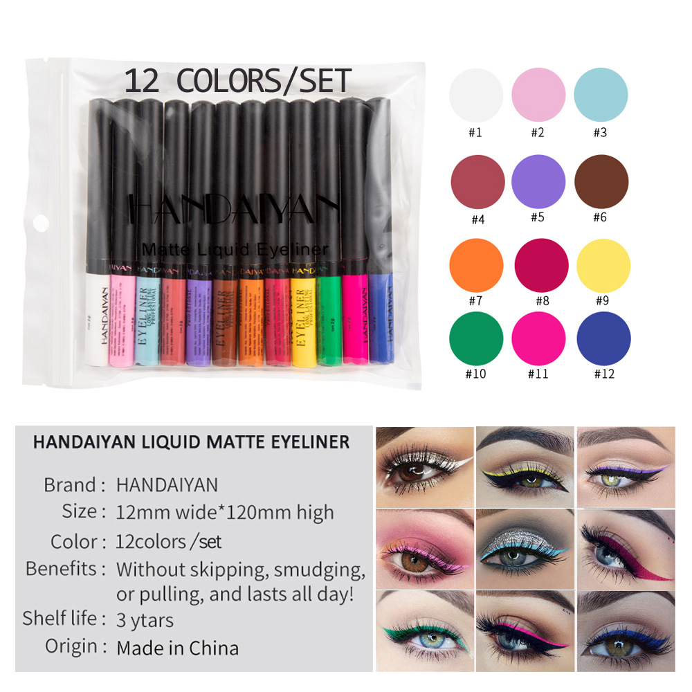 Cross-border Color eyeliner 12-piece set handaiyan matte Liquid Eyeliner Waterproof and sweat-proof Liquid Eyeliner Pen full figure