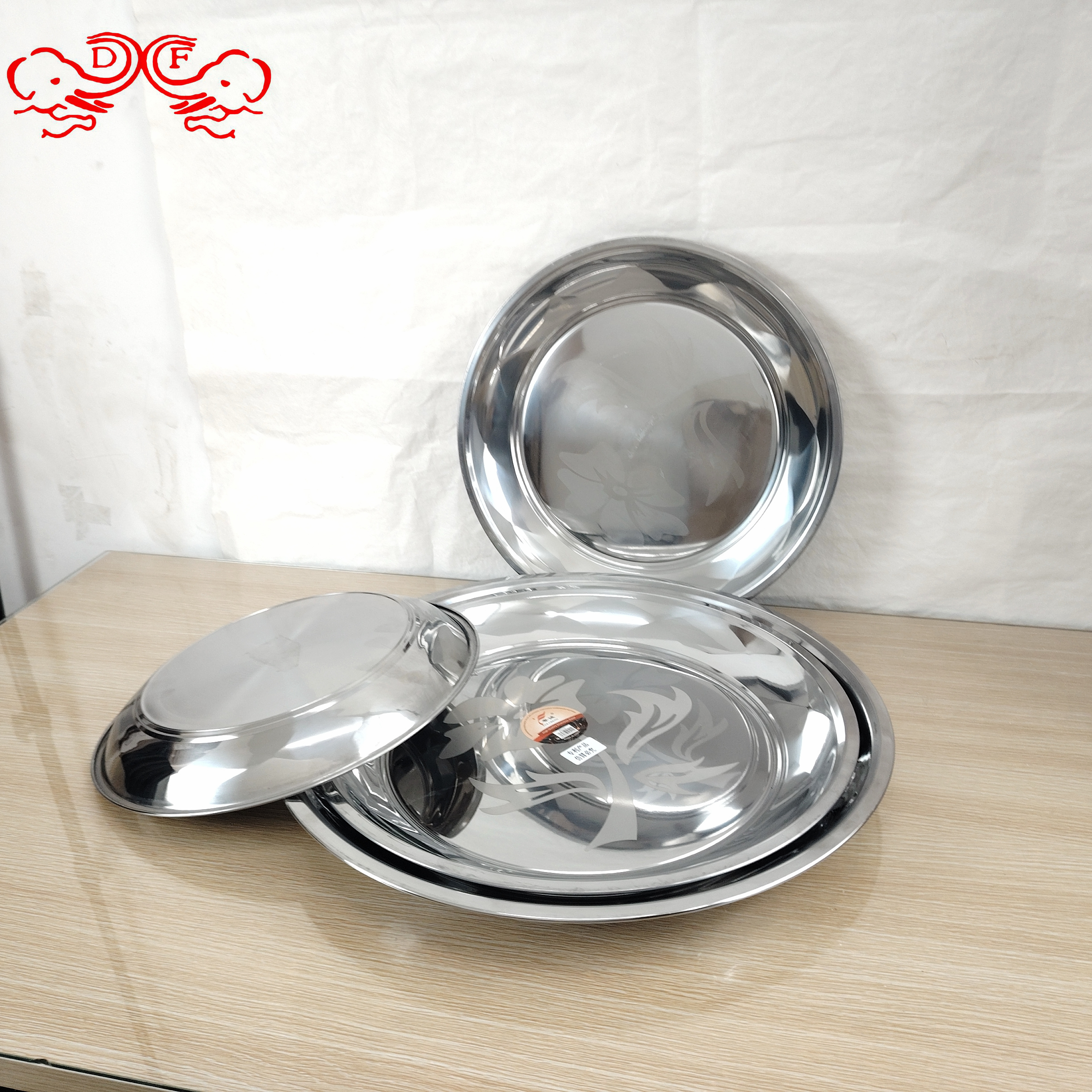 DF99059 stainless steel round plate thickened shallow plate vegetable plate household vegetable plate flat base cold noodle plate Fish plate rice plate DF TRADINGHOUSE Item Picture