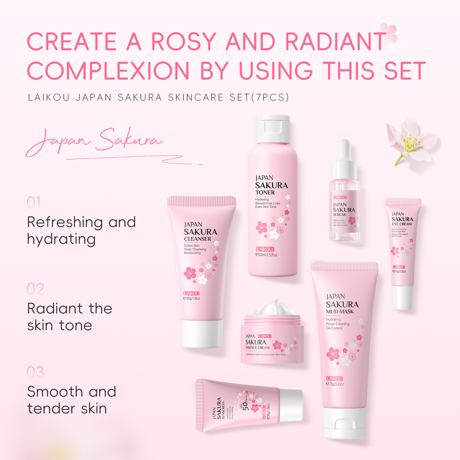 Cross-border Facial Cleanser Laicome Japanese Sakura Skincare 7-piece Set, mud Mask surface care set box manufacturer wholesale Specification drawing