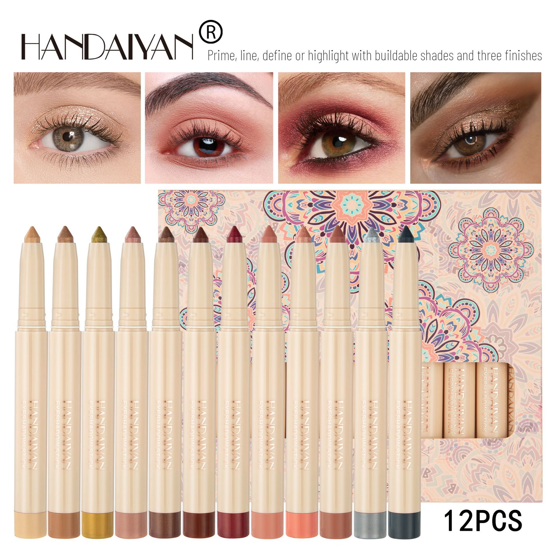 12-piece Rainbow Earth Tone HANDAIYAN eyeshadow pen set with a pencil sharpener and colored eyeshadow sticks Specification drawing