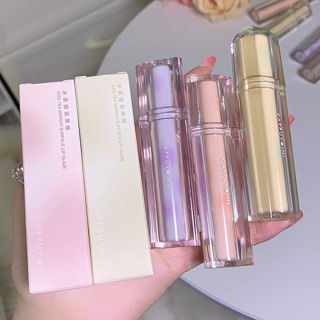 Douyin Makeup Cappuvini Ice Tea Mirror Surface Water Gloss Lip Gloss, long-lasting and easy to color Glass Jelly Lip Gloss wholesale full figure