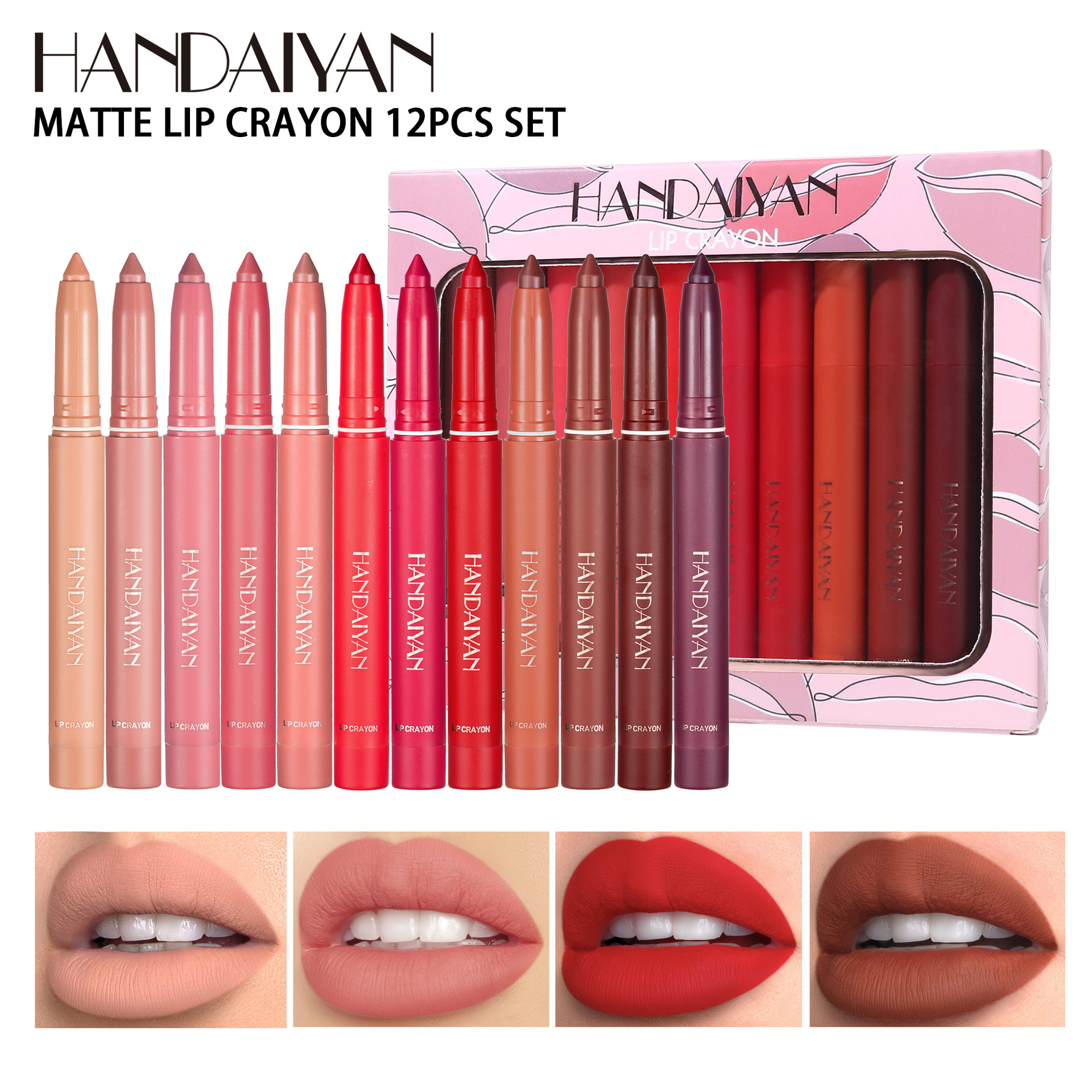 Cross-border 12-color Lip liner pen set, long-lasting non-stick Cup HANDAIYAN, Rotatable and sharpenable dual-purpose lip liner pen set details Picture