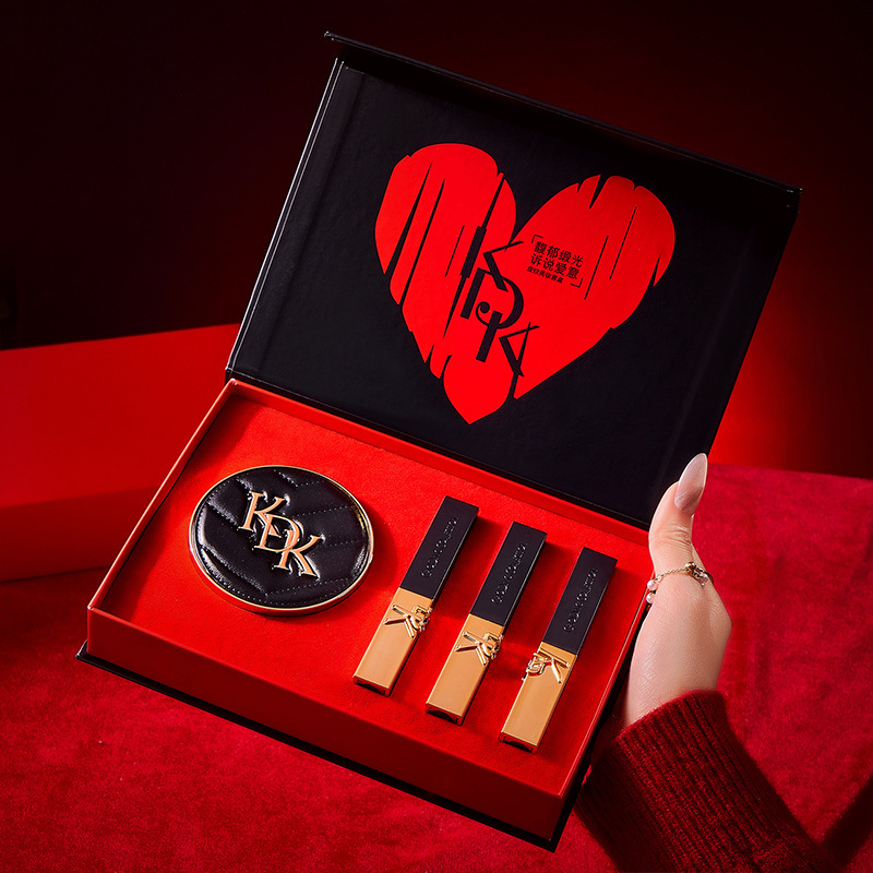 KDK leather texture beauty Set, natural fit, cushion matte black tube lipstick, makeup lipstick, Qixi Birthday gift Specification drawing